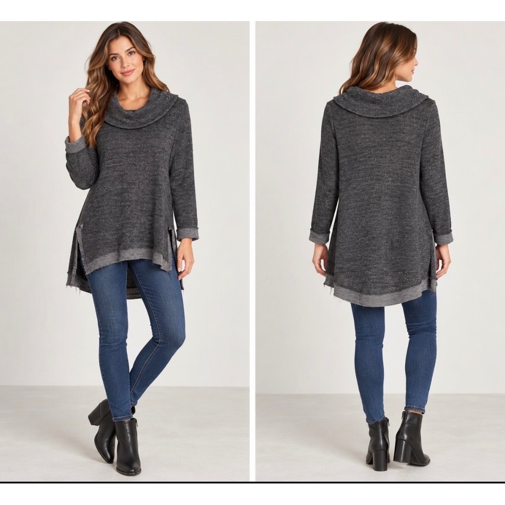 Maeve Anthropologie Cowl Neck Tunic Sweater Small Gray High Low Hem Side Slit